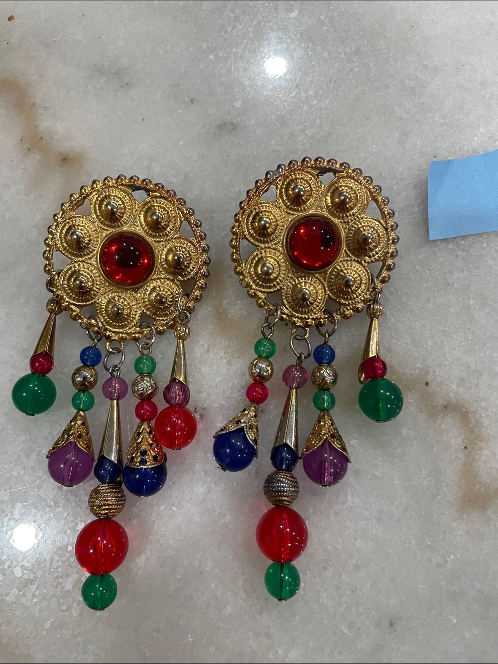 Gold-Tone Multicolor Beaded Drop Earrings - Vibrant Red, Green, Blue, Purple